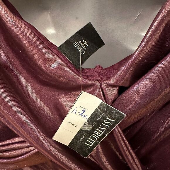 Gibiu Elegant Burgundy Metallic Shimmer Shiny Long Draped Dress Formal 1x-2x - Picture 5 of 8